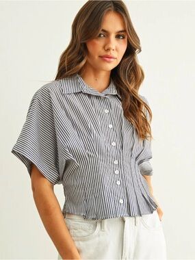 Miou Muse Pinstripe Peplum Shirt Navy & White Striped Button-Up Size M